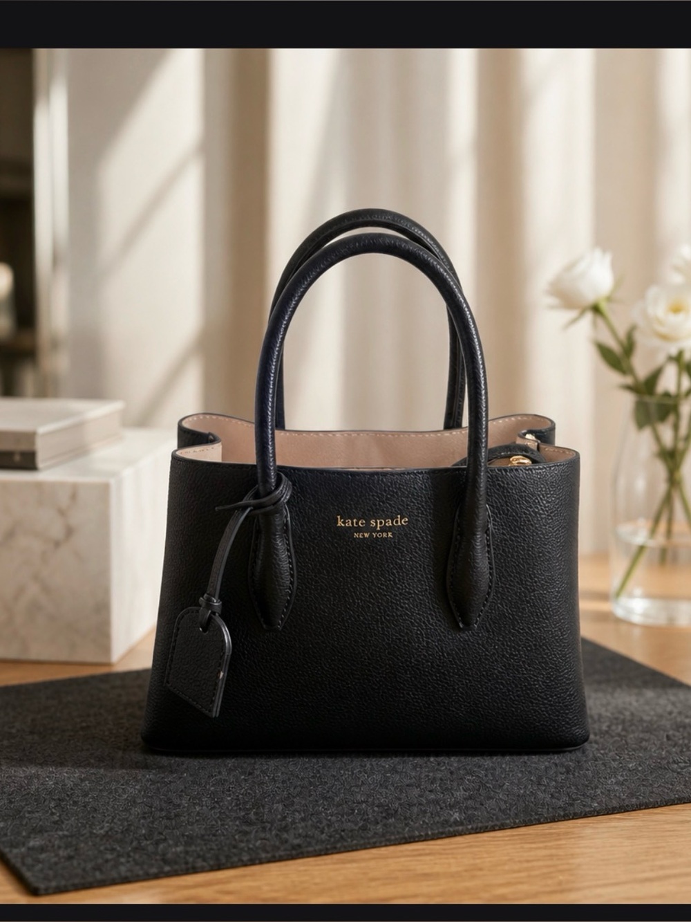 kate spade Black Pebbled Leather Satchel with Gold Logo
